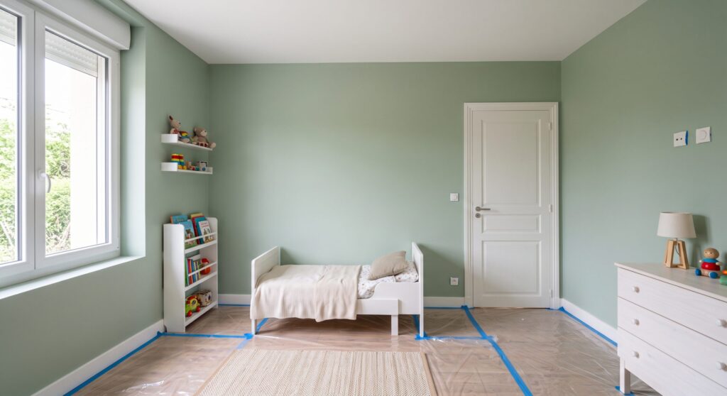 Chambre aux murs verts avec petit lit blanc, commode et sol protégé