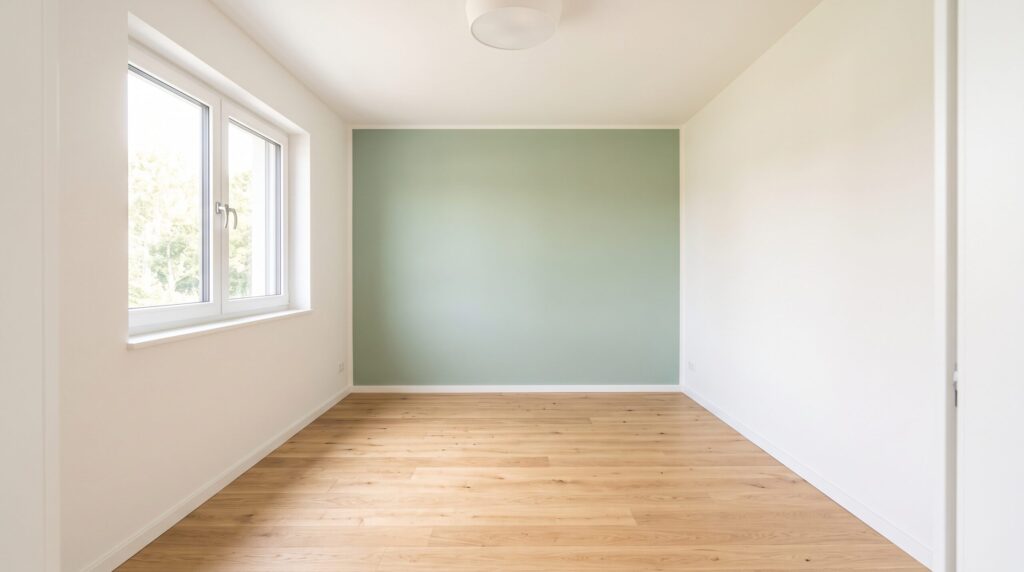 Chambre vide avec mur d’accent vert, murs blancs, grande fenêtre et sol en bois