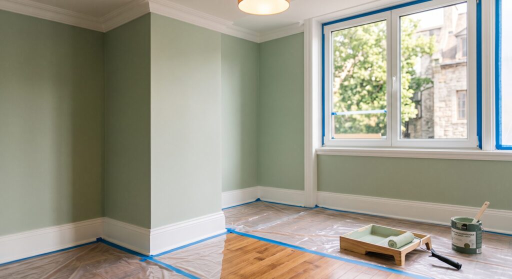 Chambre vide aux murs verts, avec fenêtre protégée, rouleau et pot de peinture
