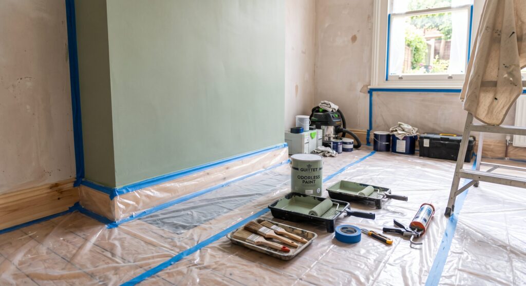 Chambre en travaux avec mur vert, outils de peinture et protections au sol
