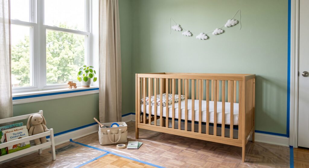 Chambre avec lit à barreaux en bois, mur vert, fenêtre ouverte et protections au sol
