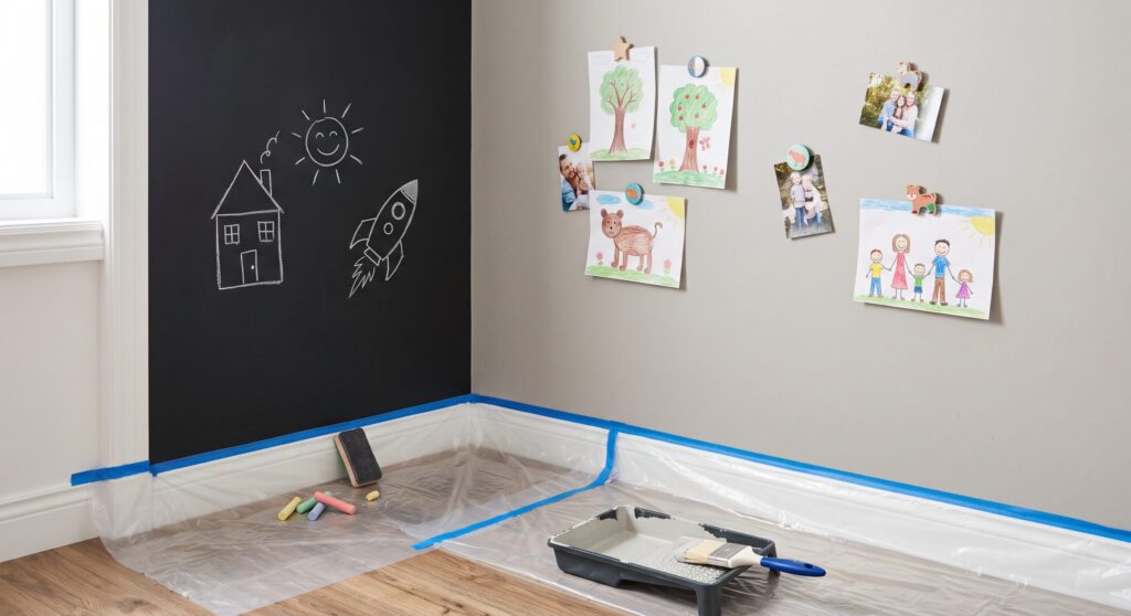 Mur noir avec dessins à la craie, dessins accrochés au mur voisin et matériel de peinture