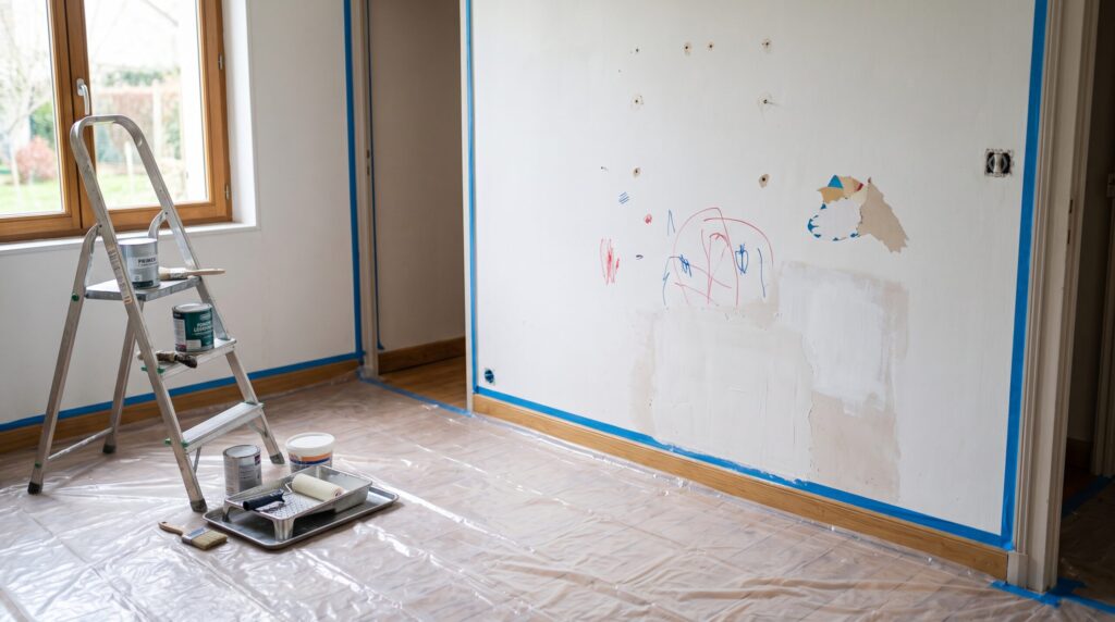 Mur avec dessins et reprises d’enduit, escabeau et matériel sur un sol protégé