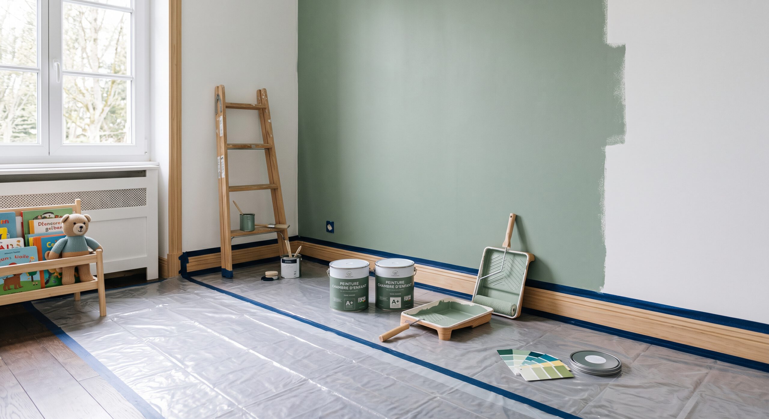 Mur partiellement peint en vert dans une chambre, avec escabeau, bacs et pots de peinture