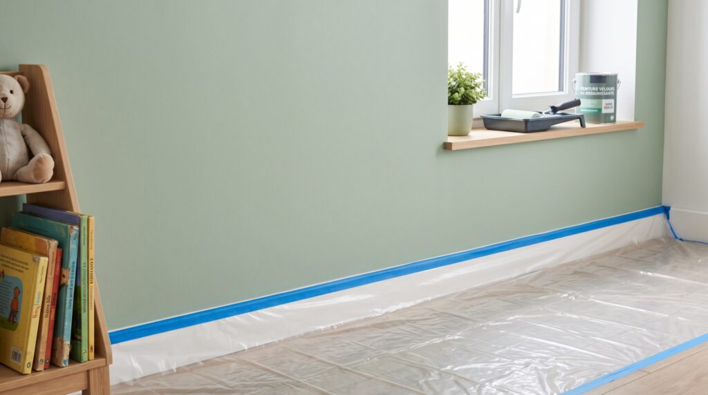 Mur vert avec livres et peluche à gauche, outils de peinture sur l’appui de fenêtre