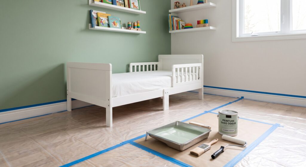 Chambre avec petit lit blanc, étagères de livres et jouets, et matériel de peinture au sol