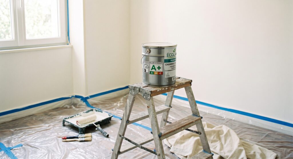 Pot de peinture portant une étiquette A+ sur un escabeau, dans une pièce protégée