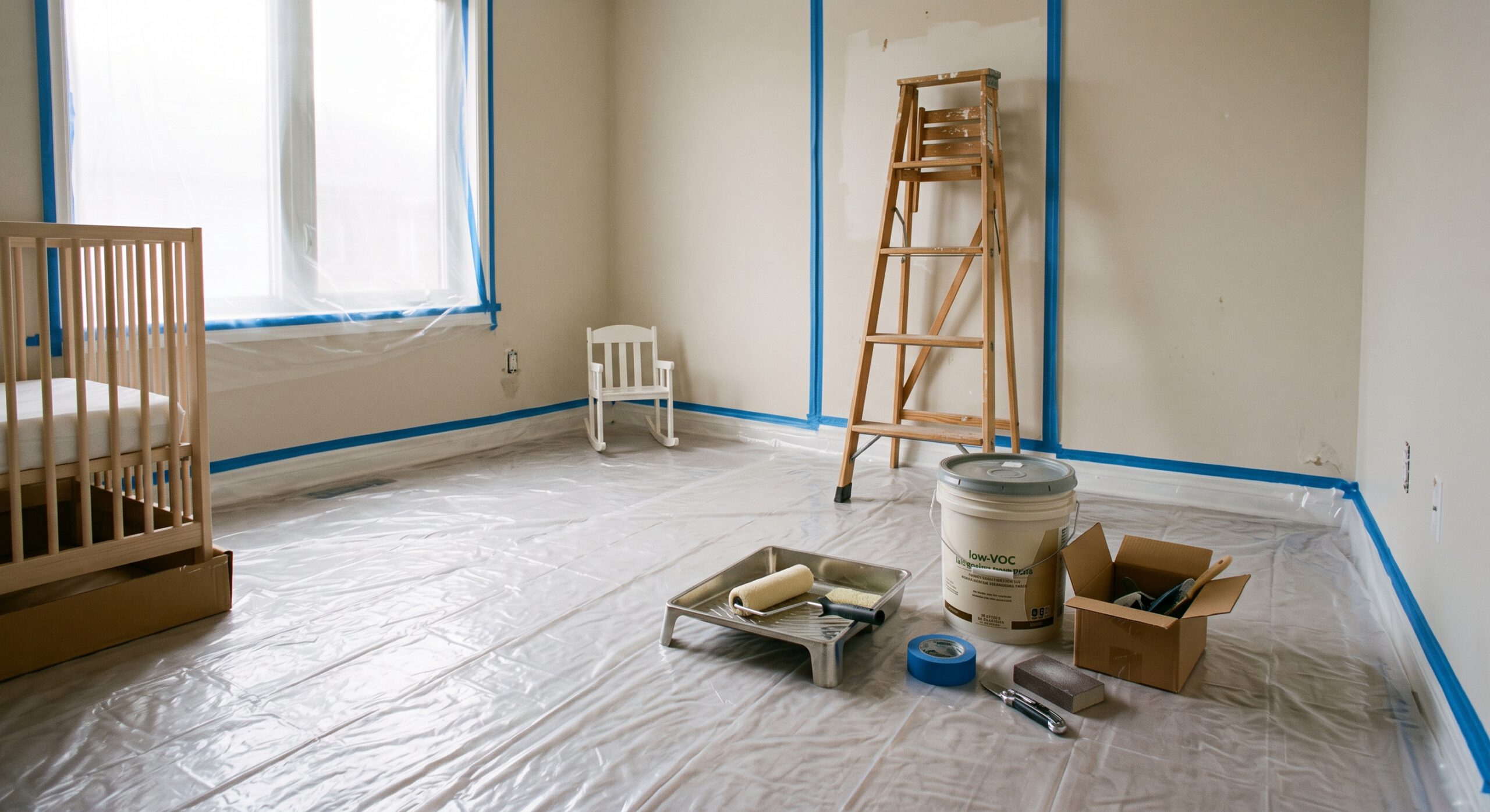 Chambre avec lit à barreaux, escabeau, outils de peinture et protections au sol