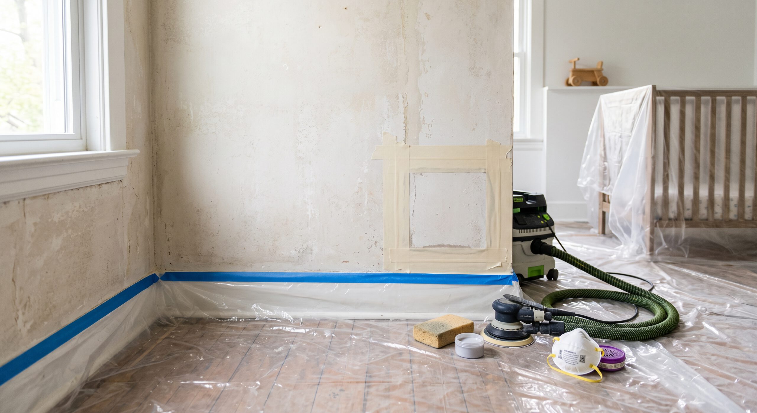 Mur en préparation, ponceuse reliée à un aspirateur, masque et sol protégé près d’un lit à barreaux