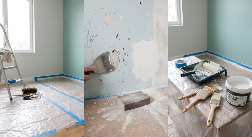 Montage montrant un mur marqué, une main appliquant de l’enduit et des outils de peinture
