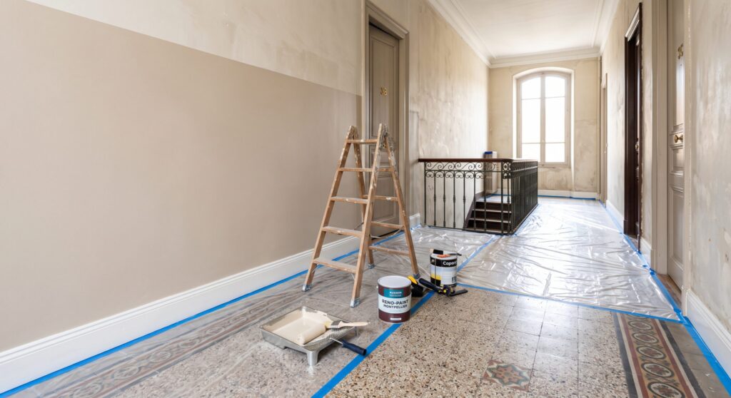 Couloir avec soubassement beige, escabeau, pots de peinture et sol protégé