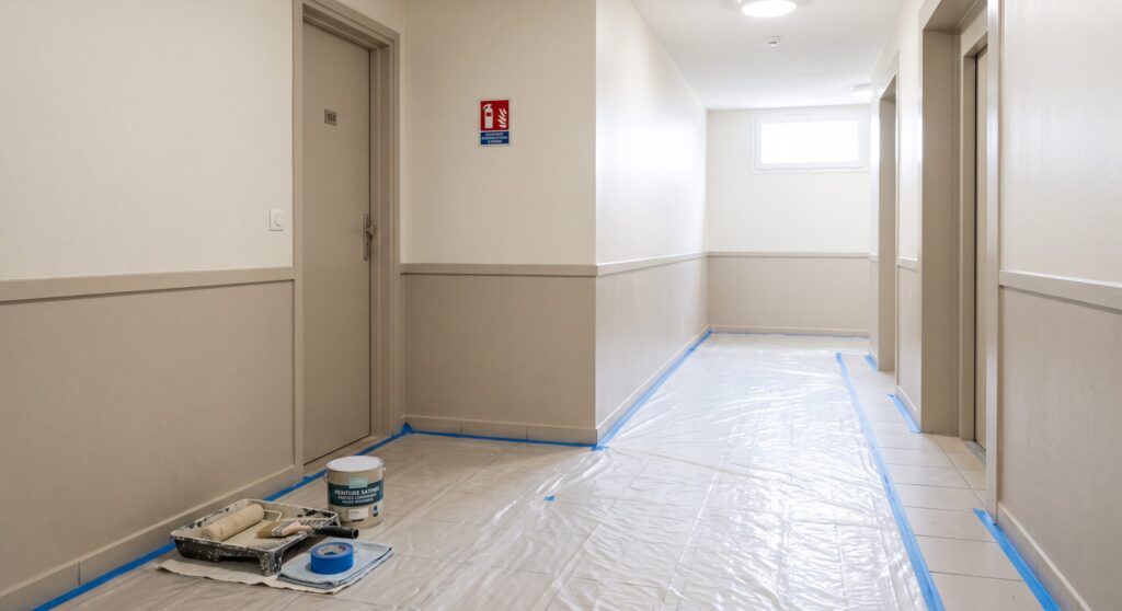 Couloir aux murs bicolores avec portes, pot de peinture et protections au sol