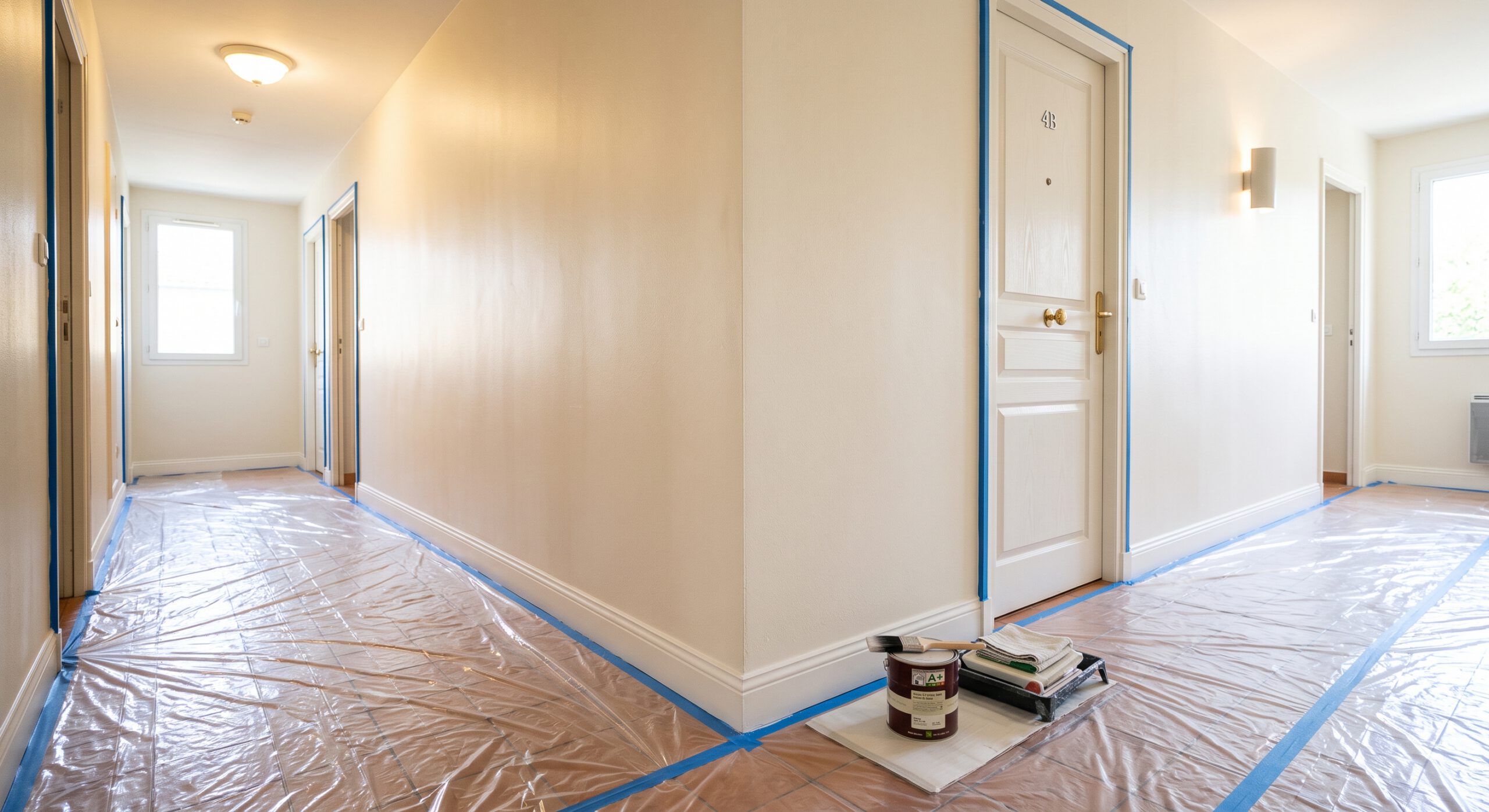 Couloirs aux murs clairs avec portes, pots de peinture et protections au sol