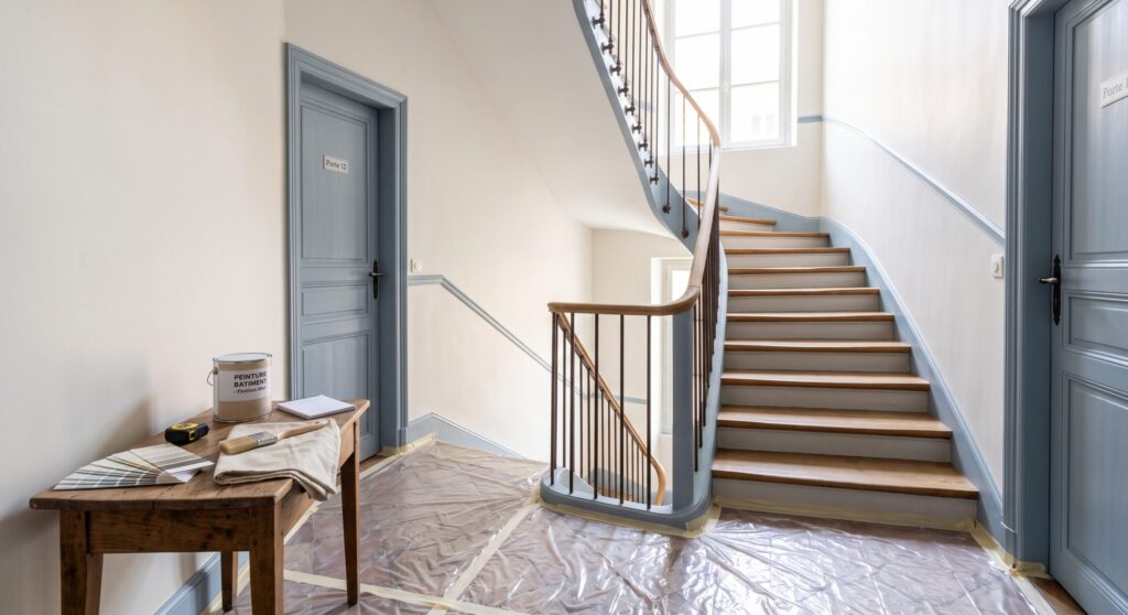 Palier avec portes bleues, escalier, établi et pot de peinture