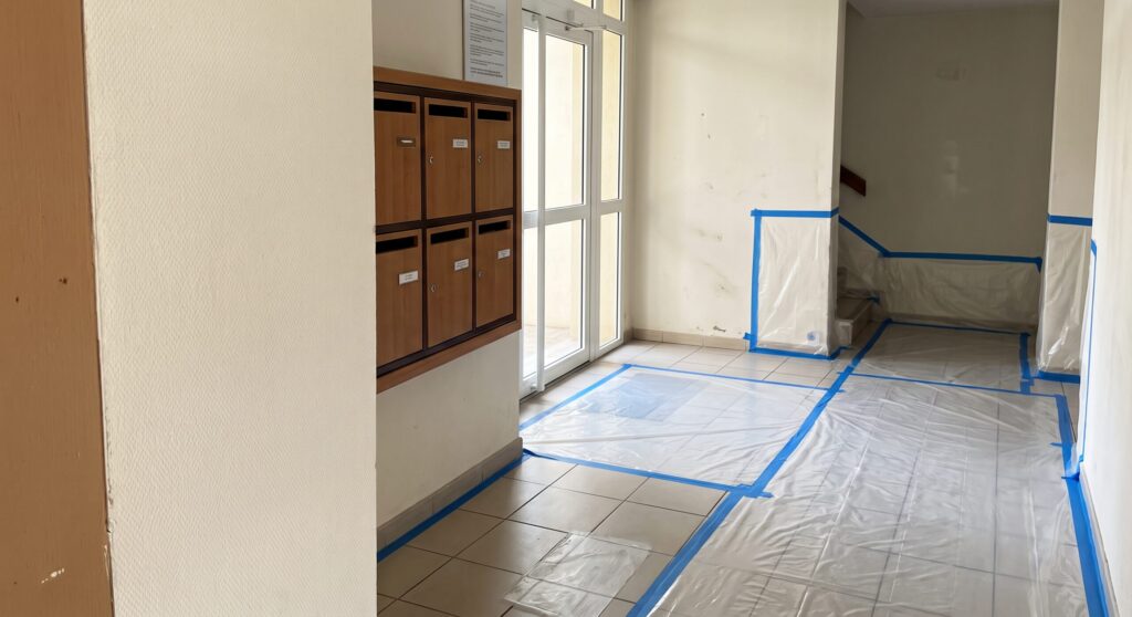 Hall avec boîtes aux lettres, feuille d’information affichée et protections de chantier