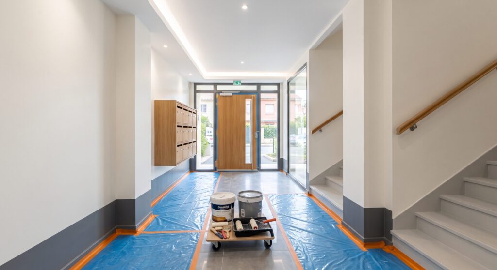 Hall clair avec boîtes aux lettres, escalier et pots de peinture sur un sol protégé