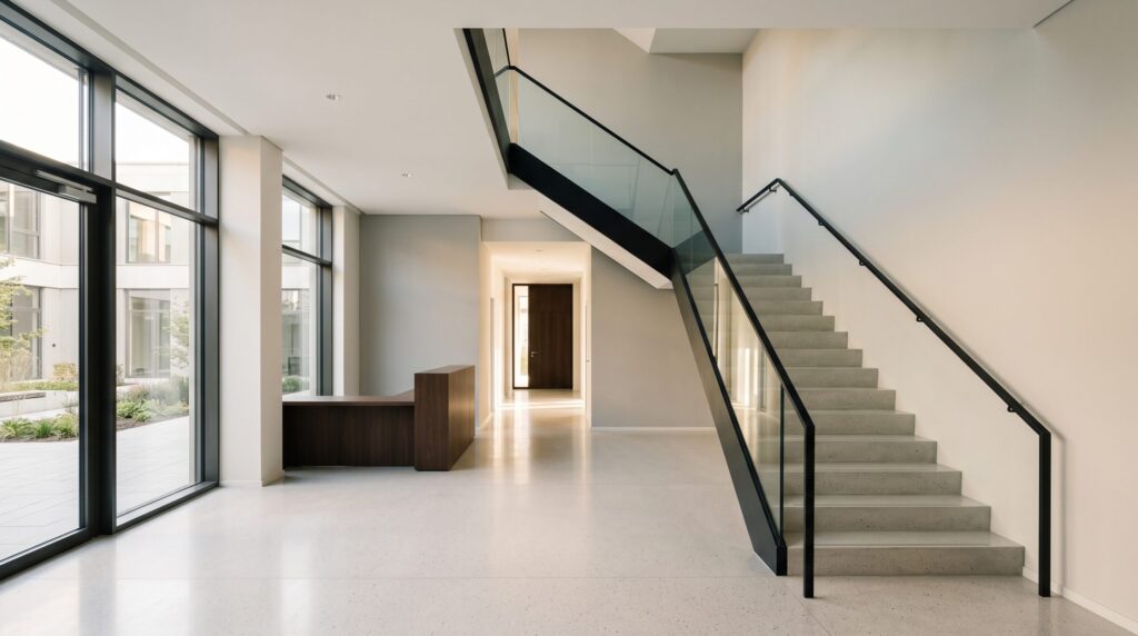 Hall clair avec grandes baies vitrées, comptoir et escalier à garde-corps vitré