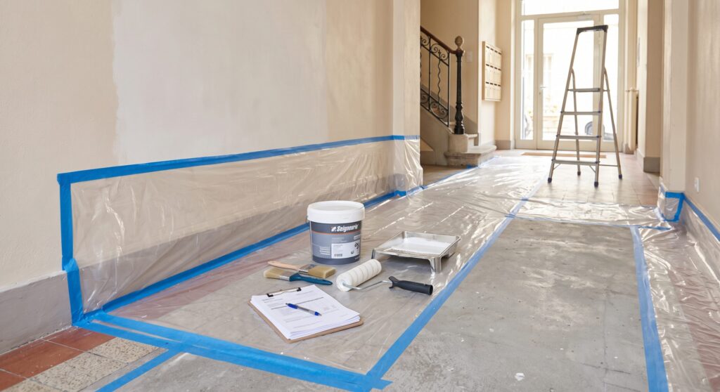 Hall avec reprises sur le mur, escabeau, documents et outils de peinture au sol