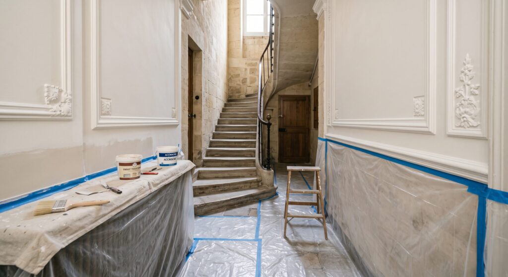 Murs moulurés en cours de peinture près d’un escalier en pierre, avec pots et protections