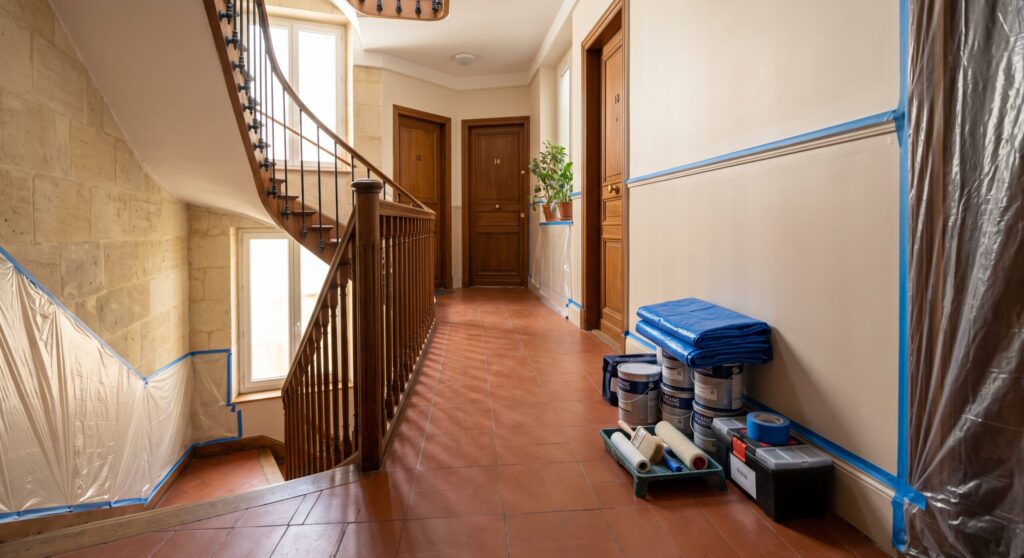Palier avec pots et rouleaux regroupés contre un mur, à côté d’un escalier