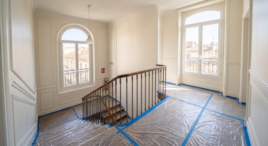 Palier aux murs clairs et moulurés, grandes fenêtres, rampe d’escalier et sol protégé