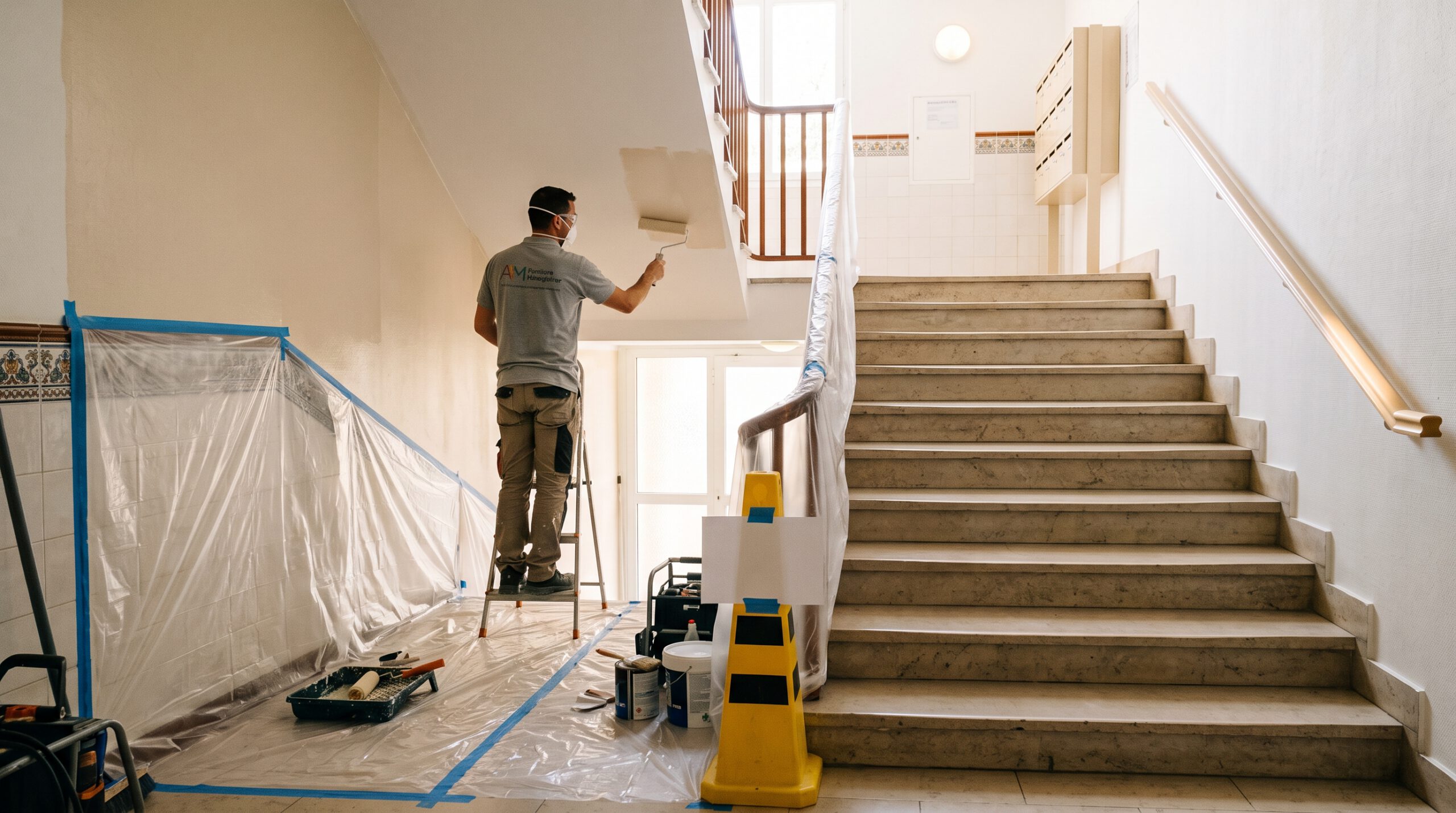 Peintre au rouleau sur un escabeau, à côté d’un escalier et d’une zone protégée