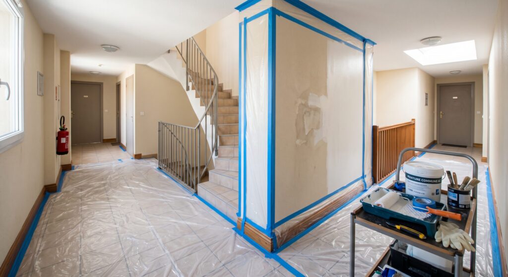 Montage montrant des reprises sur les murs près d’un escalier et du matériel de peinture