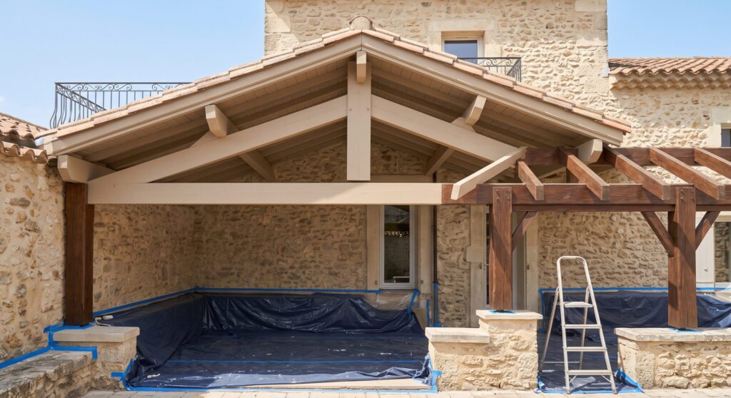 Charpente claire d’un auvent et pergola en bois, avec escabeau et protections
