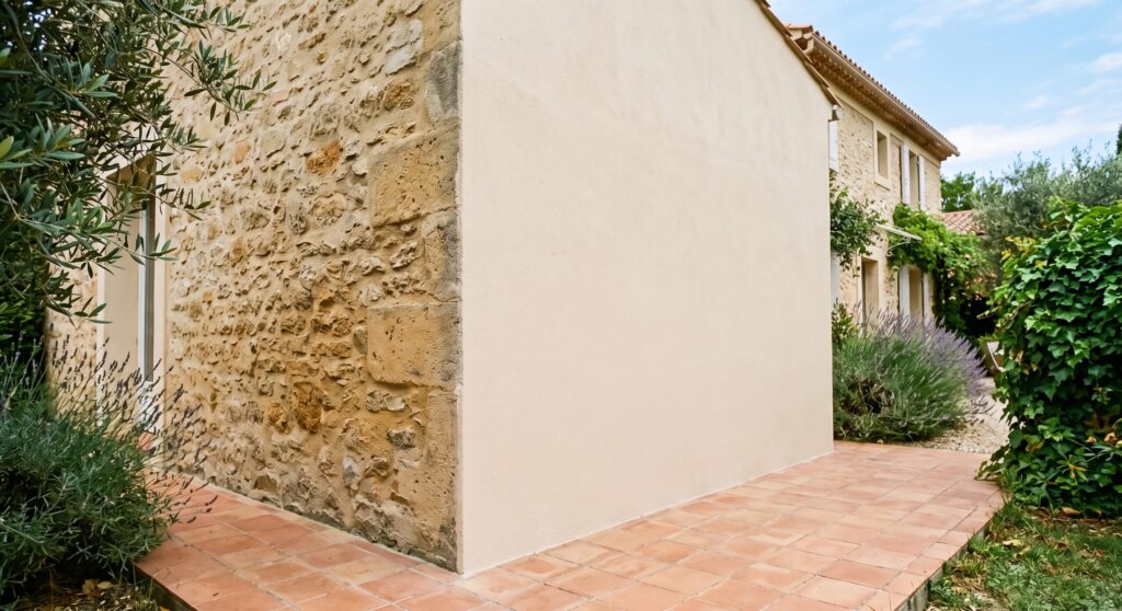 Façade claire attenante à un mur en pierre et à une terrasse carrelée