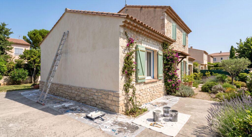 Façade claire d’une maison avec échelle, pots de peinture et protections au sol