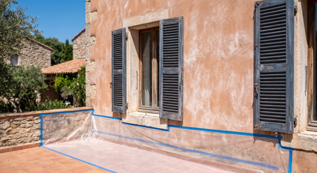 Façade rose aux teintes irrégulières et volets sombres, avec terrasse protégée