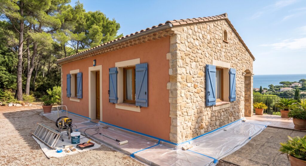 Maison à façade ocre et volets bleus près des pins, avec protections et vue sur la mer