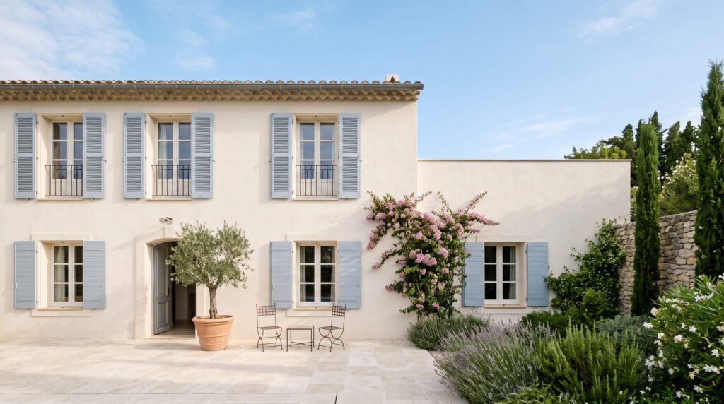 Maison à façade claire et volets gris bleuté donnant sur une cour avec olivier en pot