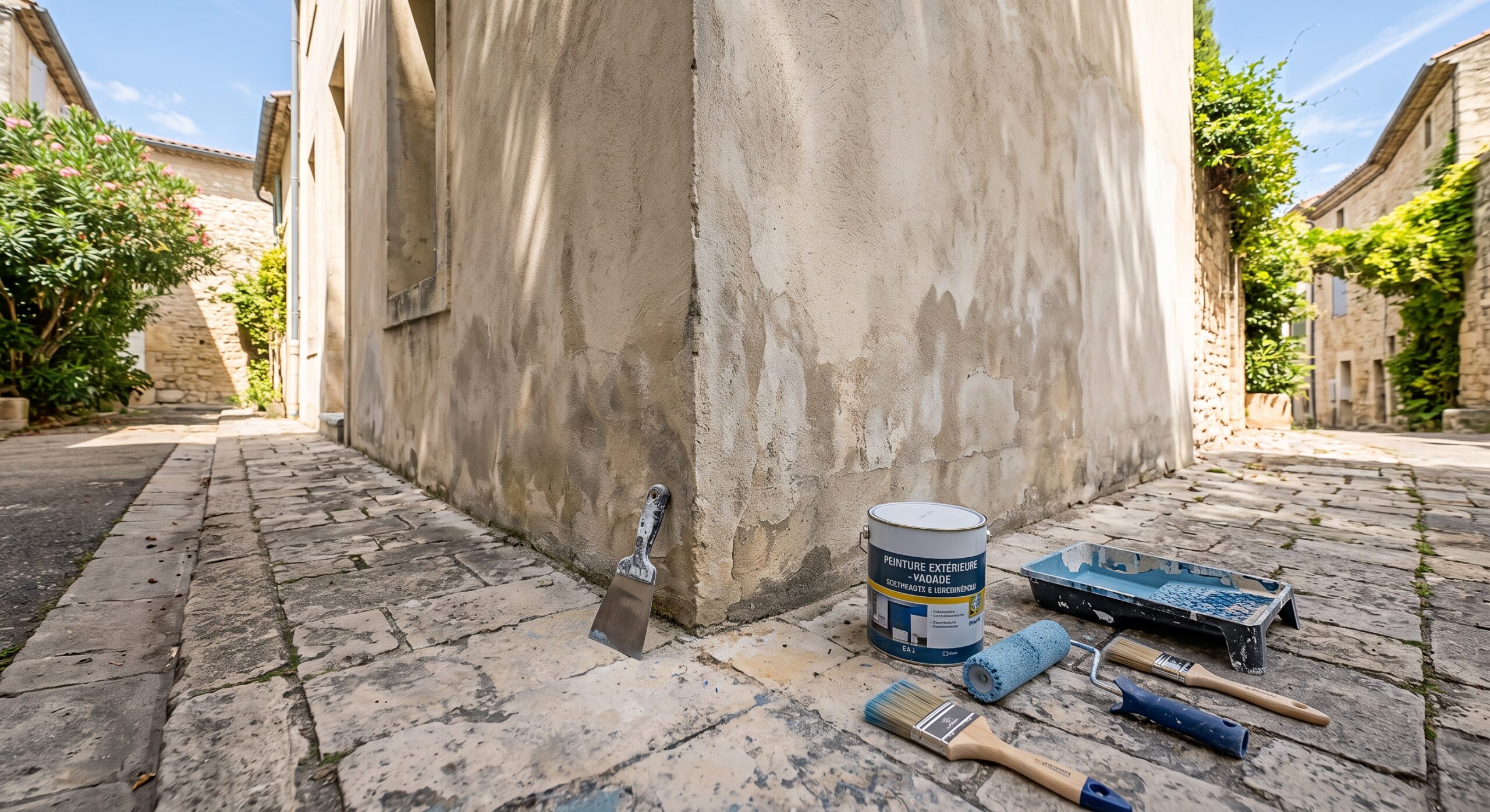 Mur extérieur clair marqué de traces, avec pot de peinture, rouleau et pinceaux au sol