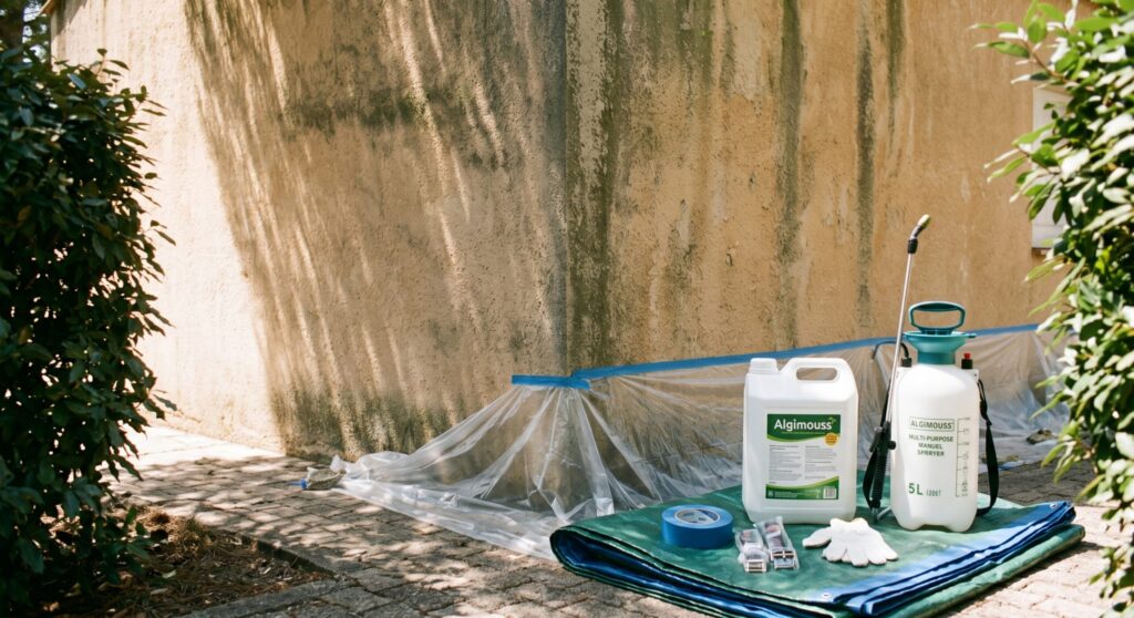 Mur extérieur présentant des traces vertes, avec pulvérisateur, bidon et protections