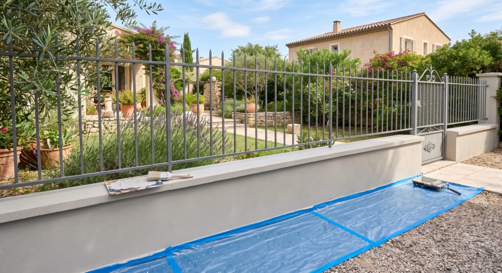 Muret clair surmonté d’une grille métallique, avec protections et outils de peinture