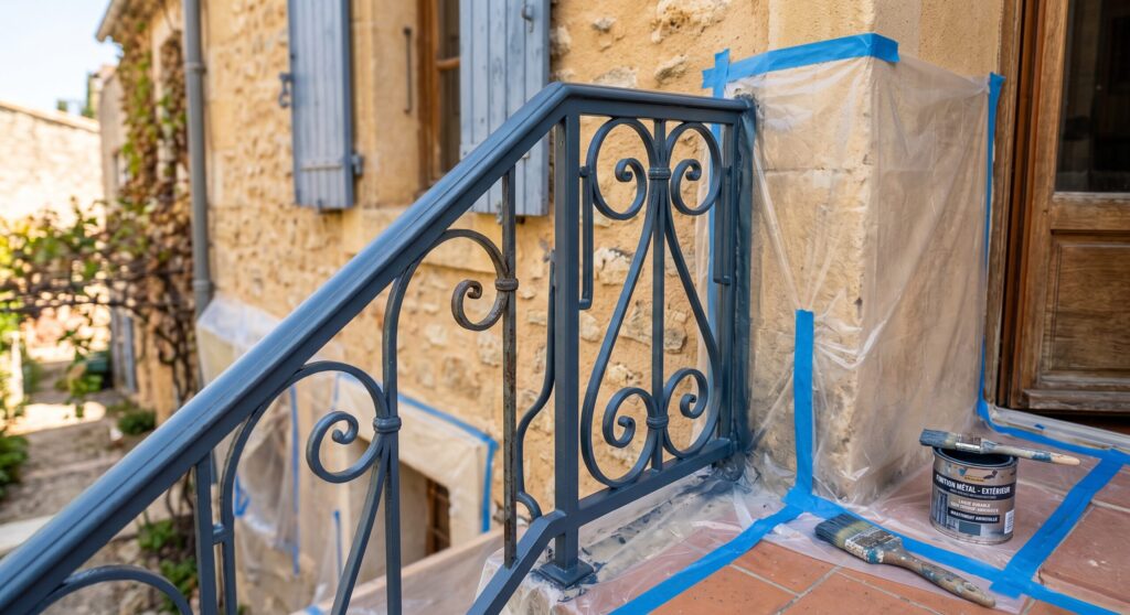 Rampe métallique bleue près d’une entrée protégée, avec pot et pinceaux Rampe métallique bleue près d’une entrée protégée, avec pot et pinceaux