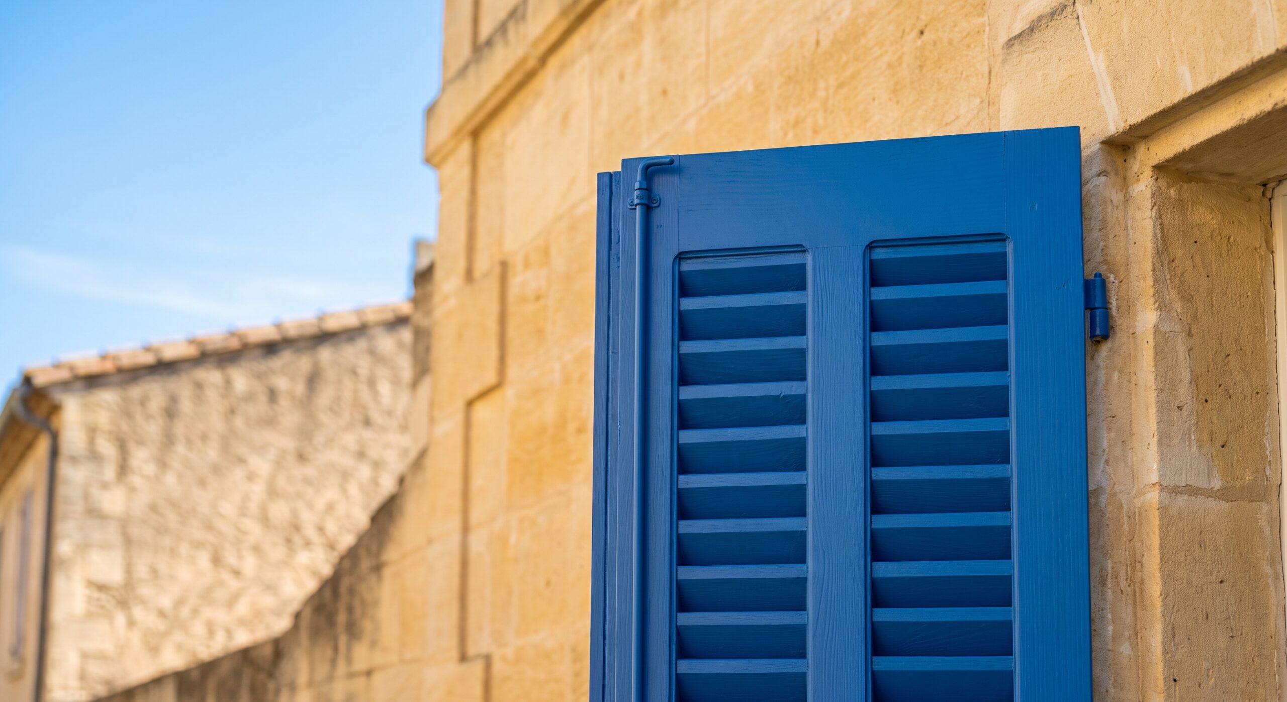 Volet bleu à persiennes sur une façade en pierre