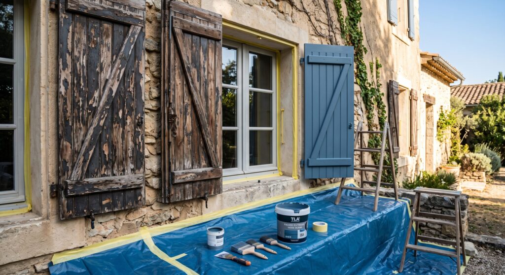 Volets en bois à peinture écaillée et volet bleu, avec pots, pinceaux et protections