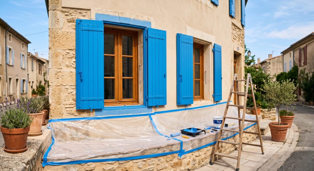 Volets bleus sur une façade claire, avec escabeau, pots et sol protégé