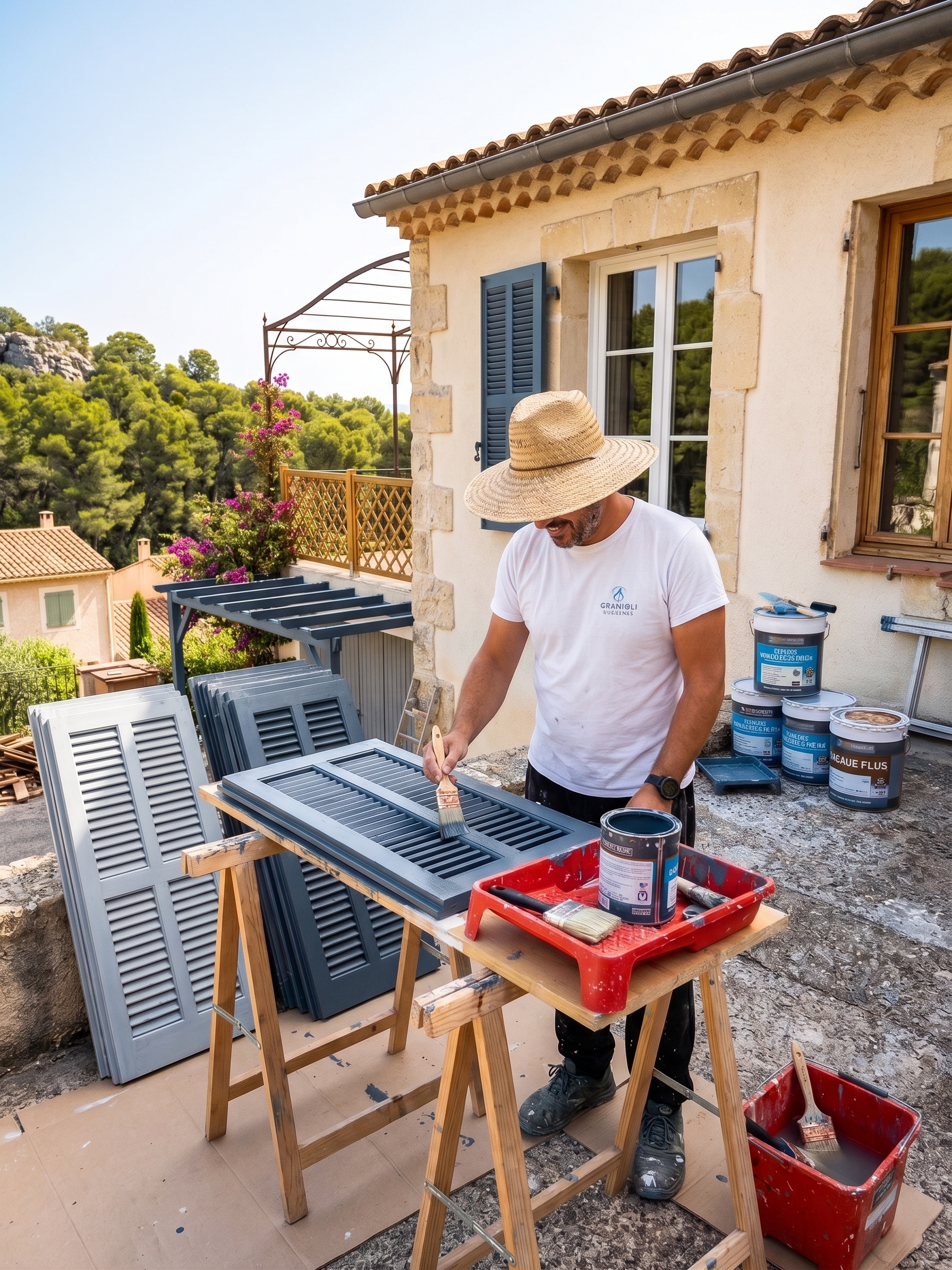 Travaux de peinture extérieure sur volets et façade à Clapiers