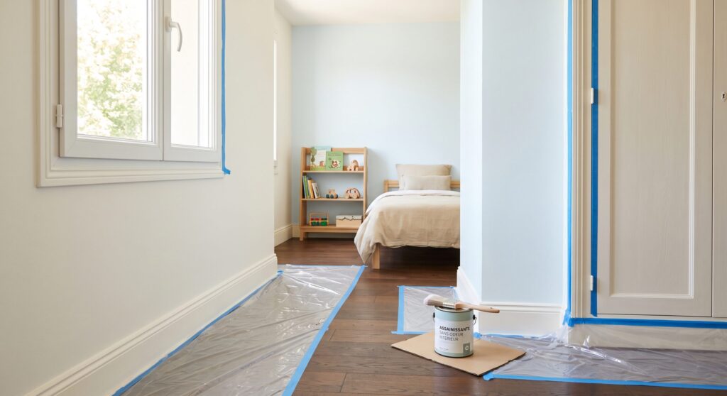 Chambre bleu clair vue depuis un couloir, avec pot de peinture et protections au sol