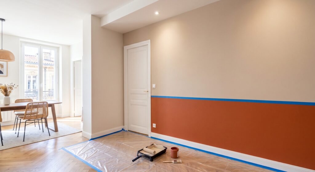Mur bicolore beige et terre cuite séparé par du ruban de masquage, avec outils au sol