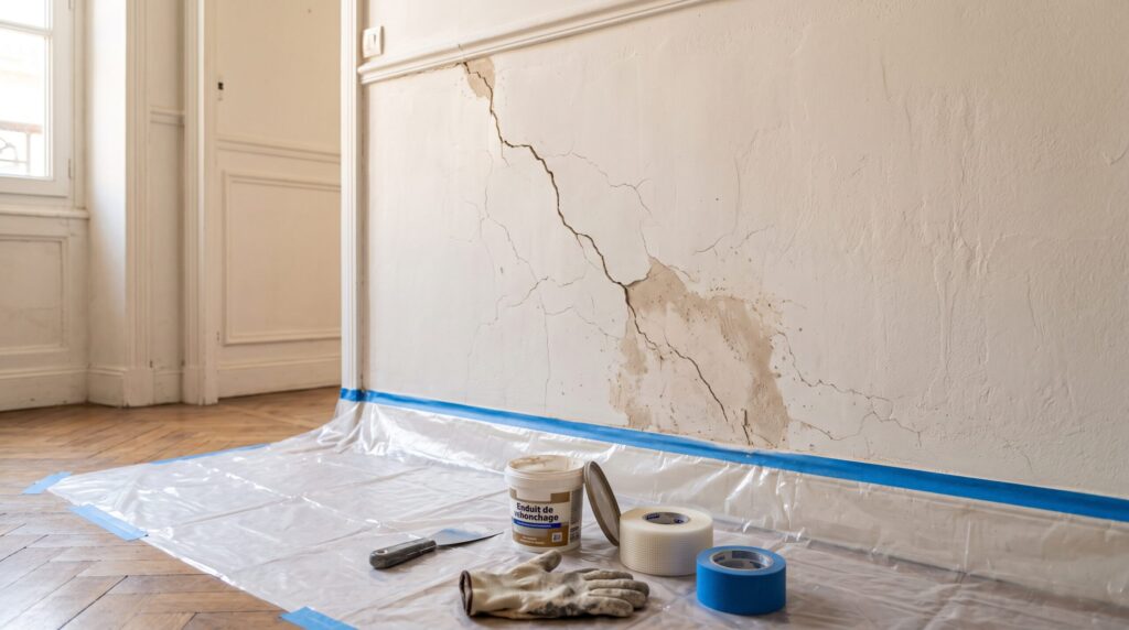 Fissures dans un mur intérieur au-dessus d’un sol protégé, avec enduit et outils