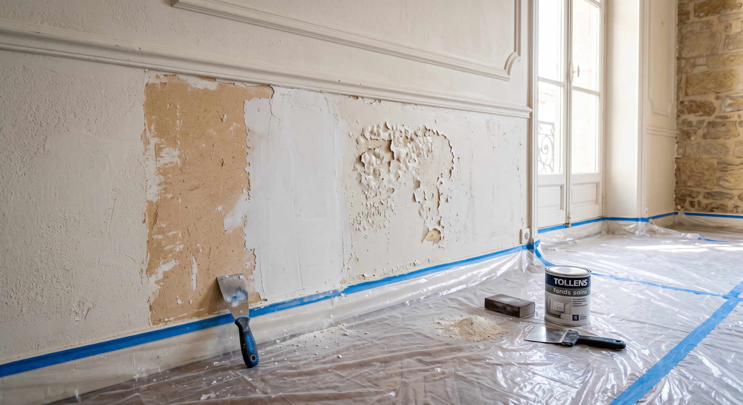 Mur clair à peinture décollée, avec grattoir, abrasif et pot sur le sol protégé