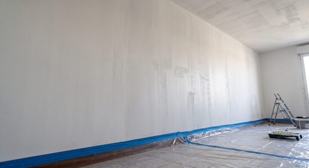 Mur et plafond clairs présentant des traces de reprises, avec escabeau, rouleau et sol protégé