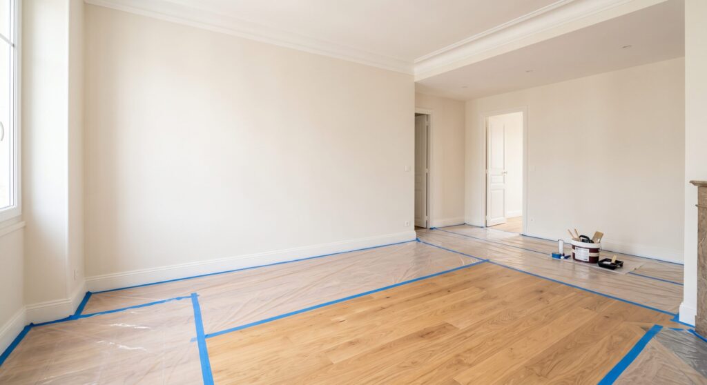 Pièce aux murs clairs et parquet partiellement protégé, avec outils de peinture
