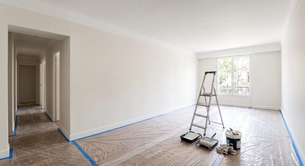 Pièce aux murs et plafond clairs, avec escabeau, outils de peinture et sol protégé