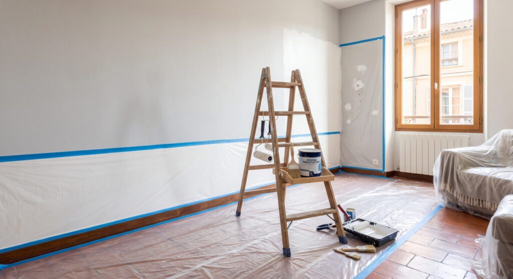 Pièce meublée avec escabeau, pot et rouleau de peinture, sol et mobilier protégés
