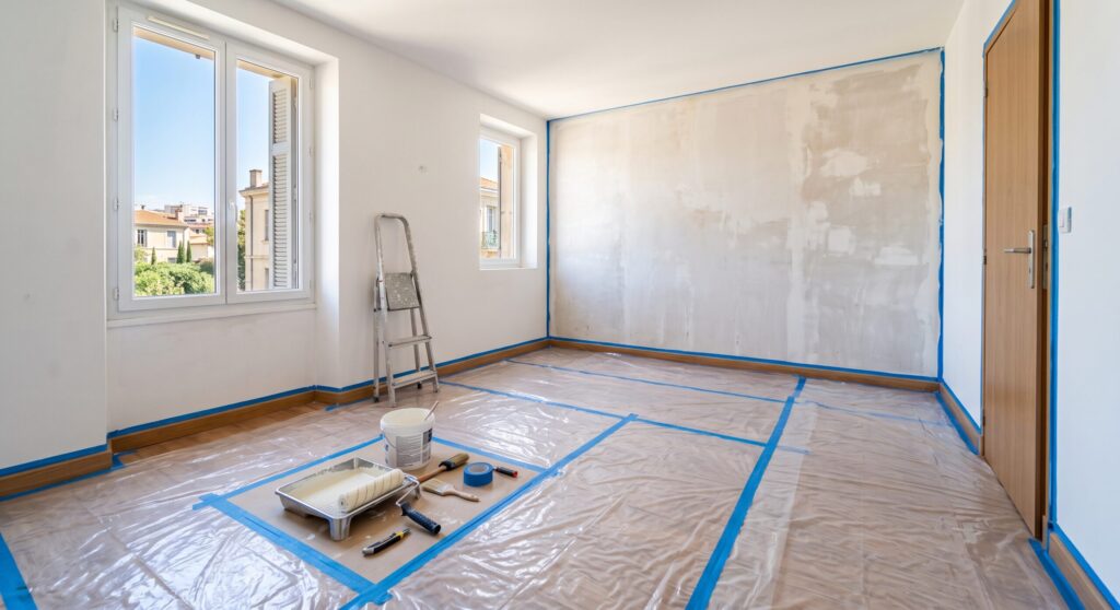 Pièce vide avec un mur en préparation, escabeau, rouleau et sol protégé